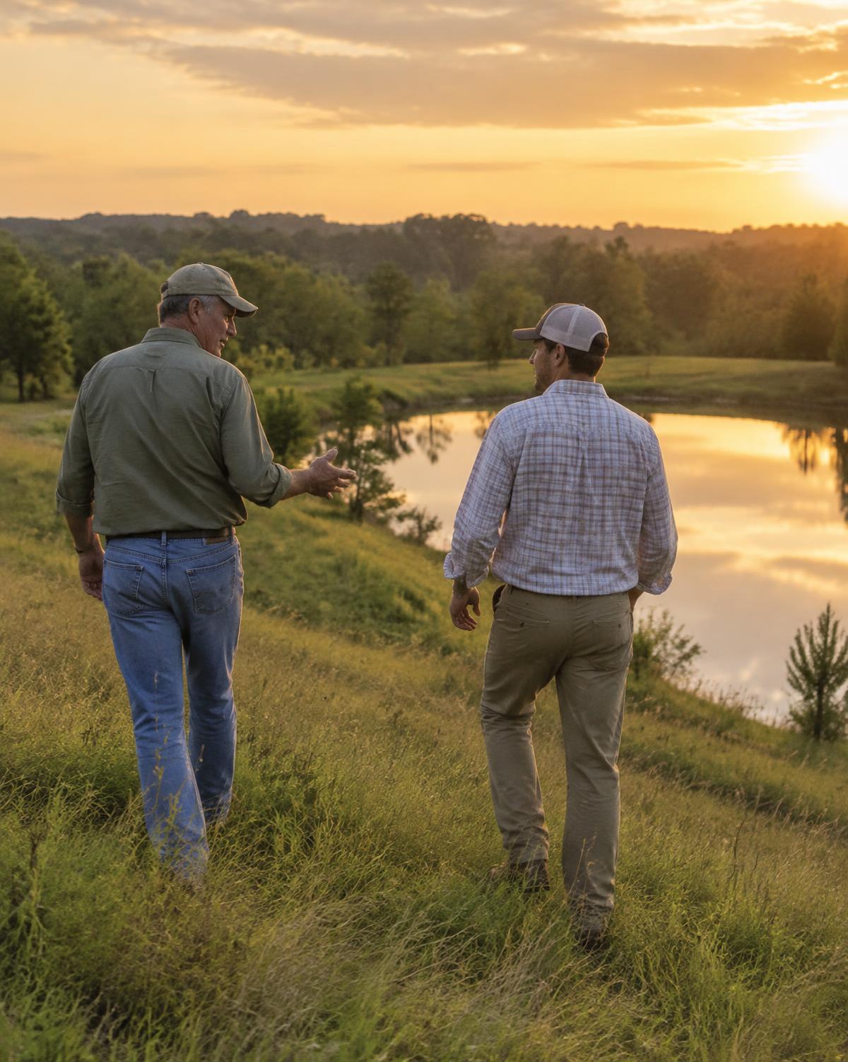 Two land professionals discussing a property beside a pond